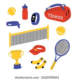 Tennis equipment set with racket, net, bag, balls, bottle, trophy, smartwatch, socks, cap and accessories. Flat vector illustration isolated on white.
