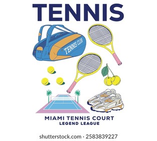 Tennis essential design. Palm tree vector design. Tennis court graphic design. Florida tennis club artwork for t shirt, posters, background and others. Tennis champions team. Athletic bag and shoe.