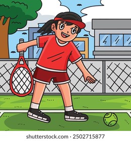 Tennis Female Player Picking Ball Colored Cartoon