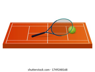 Campo de tenis con pelota y raqueta. Ilustración del vector
