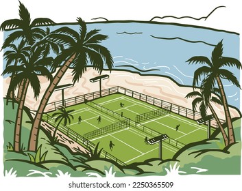 a tennis field beside the ocean and a coconut trees illustration