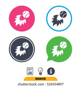 Tennis fireball sign icon. Fast sport symbol. Report document, information sign and light bulb icons. Vector