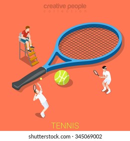 Tennis Flat 3d Isometry Isometric Sports Concept Web Vector Illustration. Big Racquet Racket And Micro Players Game Match Set. Creative People Collection.