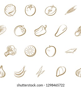 Tennis, Fruits and Vegetables set. Background for printing, design, web. Usable as icons. Seamless. Binary color.