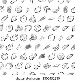 Tennis, Fruits and Vegetables set. Background for printing, design, web. Usable as icons. Seamless. Monochrome binary, black and white.