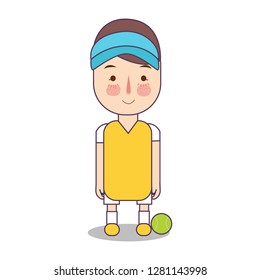 Tennis game athlete with ball. Sport man avatar vector flat illustration of character on white background. boy standing in uniform.