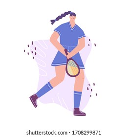 Concepto de juego de tenis. Ilustración vectorial de una mujer con uniforme deportivo y raqueta. Una mujer juega al tenis.