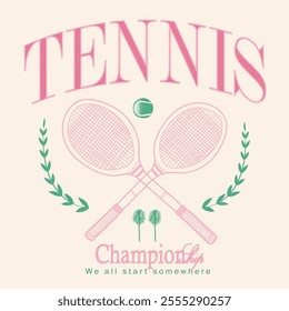 Tennis Game. girls tennis prints. Sports apparel print. Vector illustration. tennis club girls team. sports vector. athletic prints. summer resort art. women fashion design. college typography. text 