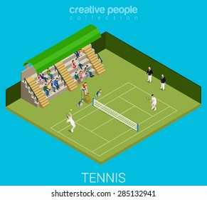 Tennis game match concept. Sport modern lifestyle flat 3d web isometric infographic vector. Young joyful micro male female people group sports workout exercise. Creative sportsmen people collection.