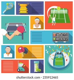 Tennis game sport competition players and equipment icons flat set isolated vector illustration