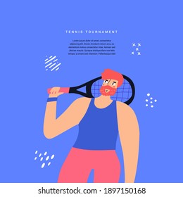 Plantilla de banner vectorial plano de juego de tenis. Torneo deportivo, competición, concurso anunciando la idea de diseño de afiches. Hombre con racquet, jugador de tenis con instalaciones caricaturista
