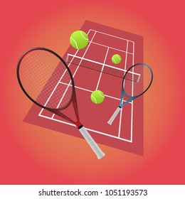 Tennis game - Vector illustration of two tennis rackets, balls on the fast surface
