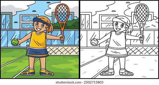 Tennis Girl with Racket Ball Coloring Illustration