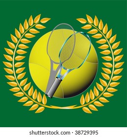 tennis and golden wreath on green