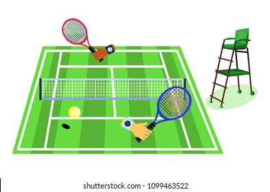 Tennis grass court. Grass tennis court with playing two players and referee. Flat cartoons style vector illustration icons isolated on white. Tennis racquet and umpire chair tennis. Game, set, sport.