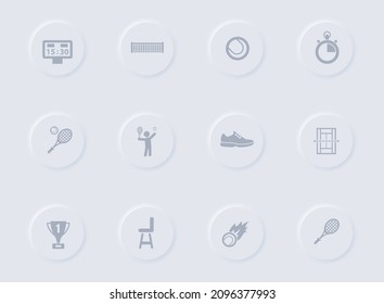 tennis gray vector icons on round rubber buttons. tennis icon set for web, mobile apps, ui design and promo business polygraphy