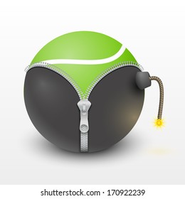 Tennis green ball inside a burning bomb. Vector Illustration, isolated and editable.