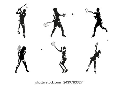 Tennis, group of men and women playing tennis, isolated vector silhouettes