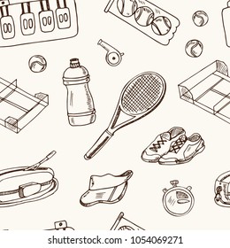 Tennis hand drawn doodle seamless pattern. Sketches. Vector illustration for design and packages product. Symbol collection