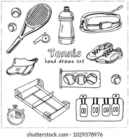 Tennis hand drawn doodle set. Sketches. Vector illustration for design and packages product. Symbol collection