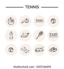 Tennis hand drawn doodle set. Sketches. Vector illustration for design and packages product. Symbol collection