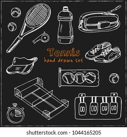 Tennis hand drawn doodle set. Sketches. Vector illustration for design and packages product. Symbol collection