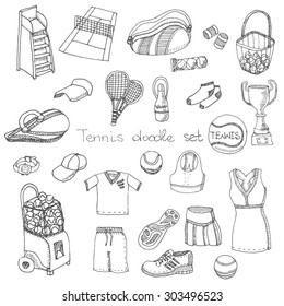 Tennis Hand Drawn Set, Doodle Vector Illustration Of Various Stylized Tennis Icons, Tennis Icons Sketch, Tennis Equipment, Racket, Ball, Dress, Shoes, Tennis Court