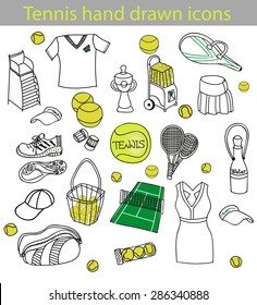 Tennis hand drawn set, hand drawn vector illustration of various stylized tennis icons, tennis equipment, tennis icons sketch