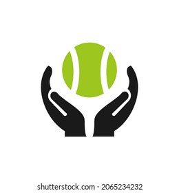 Tennis Hand logo design. Tennis Ball logo with Hand concept vector. Hand and Tennis Ball logo design