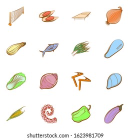 Tennis, Health food and Seafood set. Background for printing, design, web. Usable as icons. Colored.