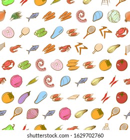 Tennis, Health food and Seafood set. Background for printing, design, web. Usable as icons. Seamless. Colored.