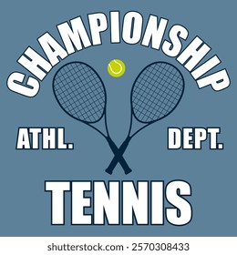 Tennis icon with ball and racquets. T-shirt print or emblem, cloth branding or sport league advertising. Competition, sport league theme