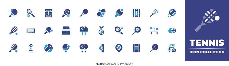 Tennis icon collection. Duotone color. Vector illustration. Containing tennis, table tennis, tennis court, ball, racket, ping pong, raquet, live streaming, net, medal, paddle.