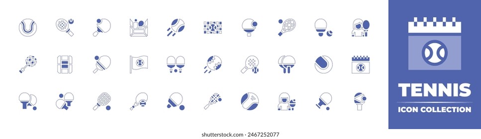 Tennis icon collection. Duotone style line stroke and bold. Vector illustration. Containing ball, ping pong, racket, table tennis, racket, foul, flags, competition, paddle.