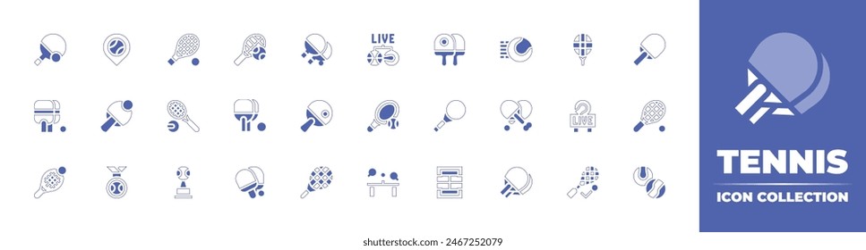 Tennis icon collection. Duotone style line stroke and bold. Vector illustration. Containing ping pong, tennis, racket, ball, racket, paddle, court, table tennis, raquet.