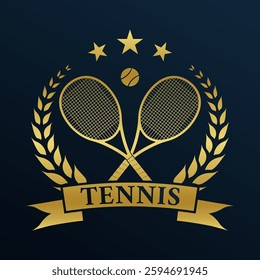 Tennis icon, logo or label with crossed rackets and tennis ball. Sport symbol design with laurel wreath. Vector illustration.