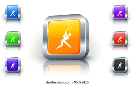 Tennis Icon on 3D Button with Metallic Rim Original Illustration