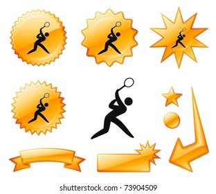 Tennis Icon on Orange Burst Banners and Medals Original Vector Illustration