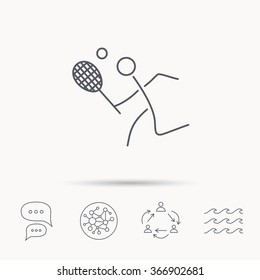 Tennis icon. Racket with ball sign. Professional sport symbol. Global connect network, ocean wave and chat dialog icons. Teamwork symbol.