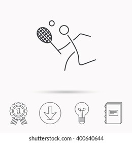 Tennis icon. Racket with ball sign. Professional sport symbol. Download arrow, lamp, learn book and award medal icons.