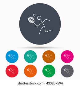 Tennis icon. Racket with ball sign. Professional sport symbol. Icons in colour circle buttons. Vector
