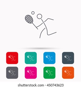 Tennis icon. Racket with ball sign. Professional sport symbol. Linear icons in squares on white background. Flat web symbols. Vector