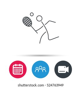 Tennis icon. Racket with ball sign. Professional sport symbol. Group of people, video cam and calendar icons. Vector