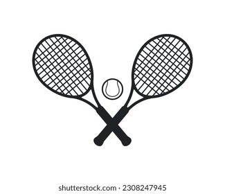 Tennis icon. Tennis rackets and ball silhouettes isolated on white background. Crossed Tennis rackets. Vector illustration	