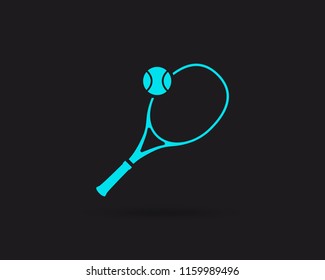 Tennis icon, Tennis rocket and ball vector web icon isolated on black background, EPS 10, top view