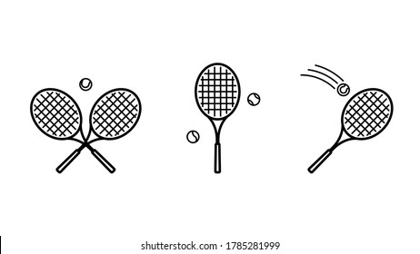 Tennis icon set. Tennis balls and tennis racket. Sports equipment for playing tennis on a court. Concept of sports, recreation, entertainment and competition. Modern style illustration. - Shutterstock ID 1785281999