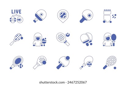 Tennis icon set. Duotone style line stroke and bold. Vector illustration. Containing racket, ping pong, ball, tennis, paddle, player, tennis machine, table tennis, live streaming.