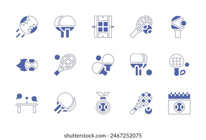 Conjunto de iconos de tenis. Trazo de línea de estilo duotono y negrita. Ilustración vectorial. Conteniendo cancha, pelota, raqueta, tenis de mesa, tenis, ping pong, medalla, calendario.