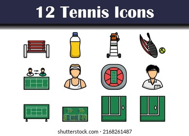 Tennis Icon Set. Editable Bold Outline With Color Fill Design. Vector Illustration.