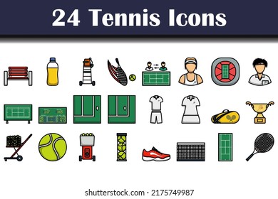 Tennis Icon Set. Editable Bold Outline With Color Fill Design. Vector Illustration.